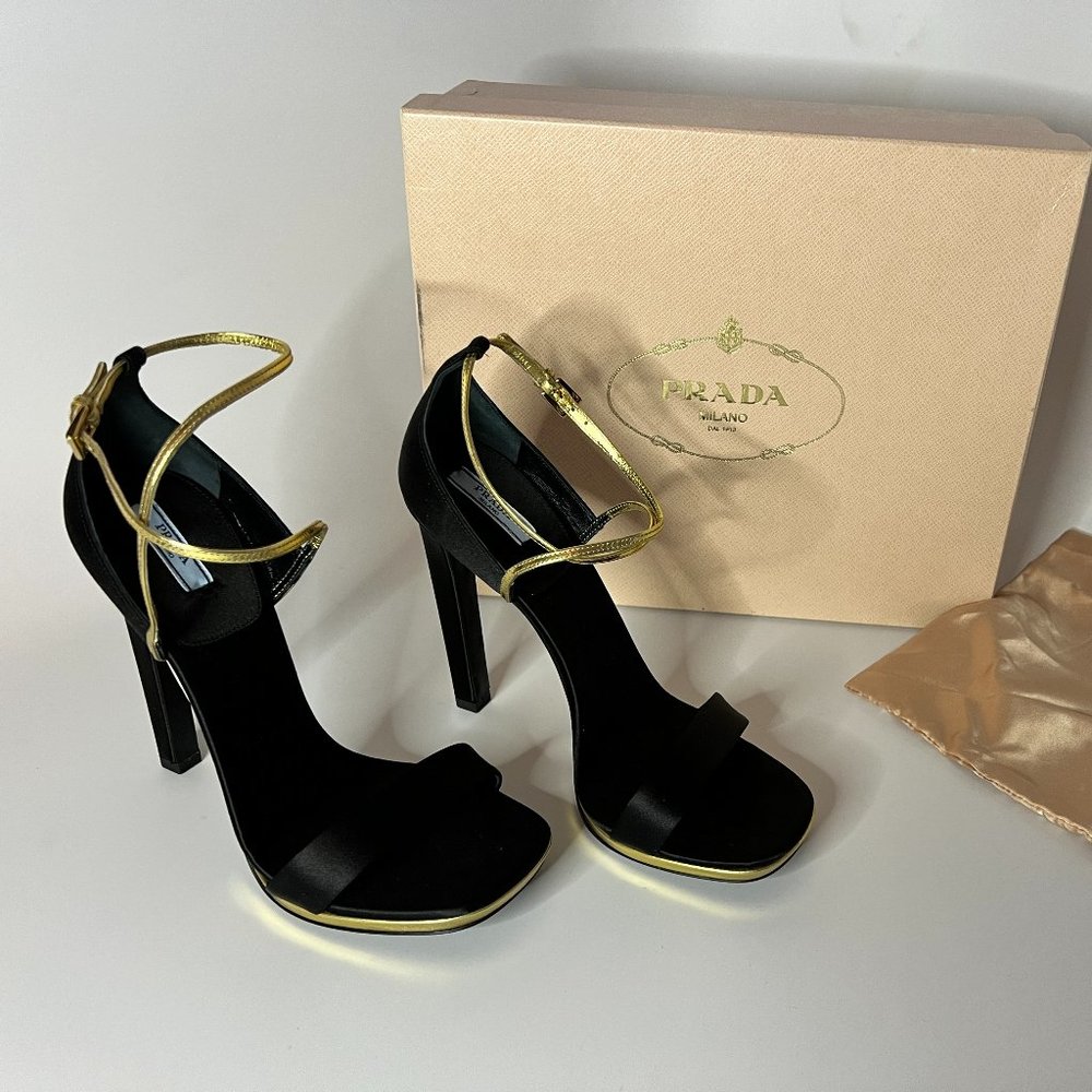 Prada - Black Gold Sandal Heels 39 / 8.5 9